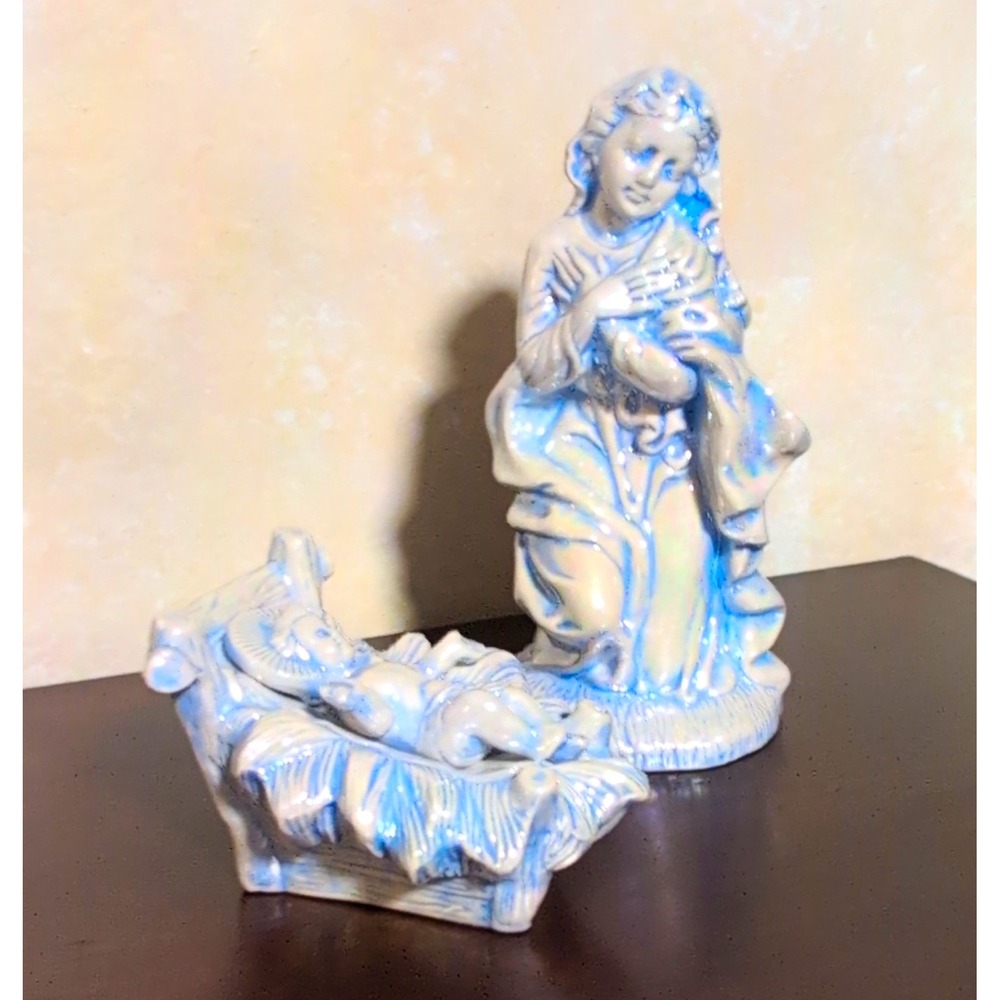 Vtg 1984 Ceramic Nativity Mary & Baby Jesus Figurine Set Blue Glaze Christmas